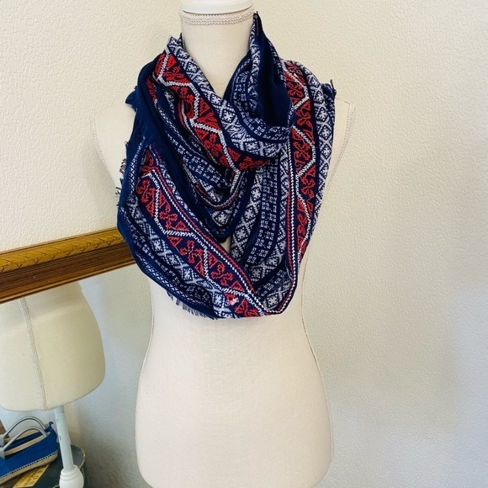 Red, white and blue embroidered Nordic infinity scarf